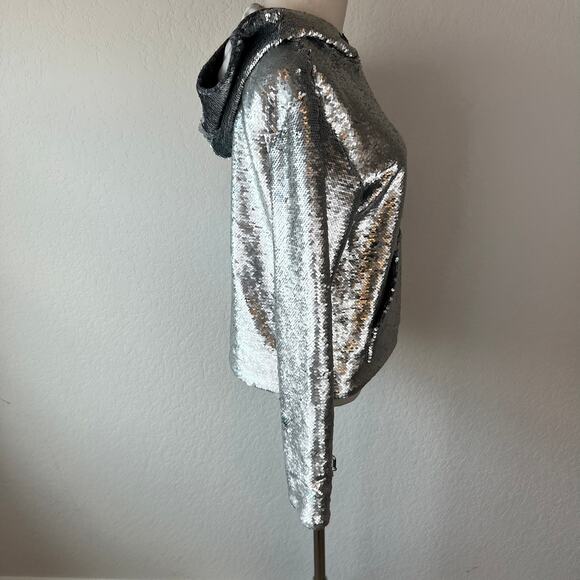 RTA Sequin Hoodie Jacket Silk Lined Kanagroo Pocket size XS Silver - Picture 15 of 16
